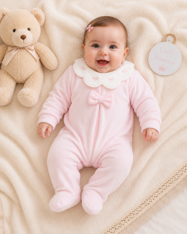 🌸 Baby Mädchen Chenille Strampler Rosa mit Schleifenkragen