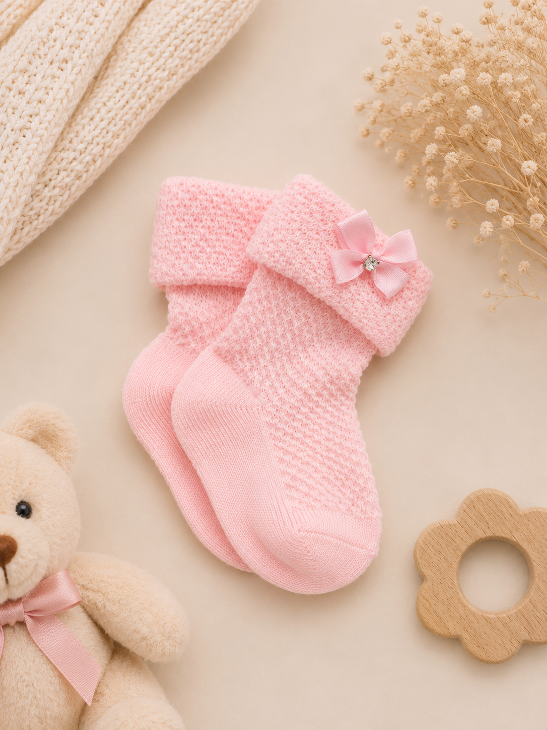 Elegante Baby-Söckchen mit Schleife und Strassstein – Rosa