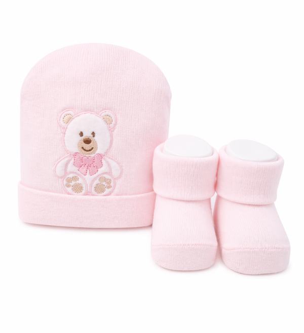 Baby Mütze & Söckchen Set mit Teddybär in Rosa