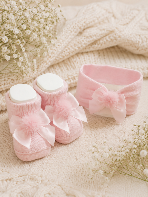 Baby Mädchen – Stirnband & Babyschuhe mit Schleife und Pompon