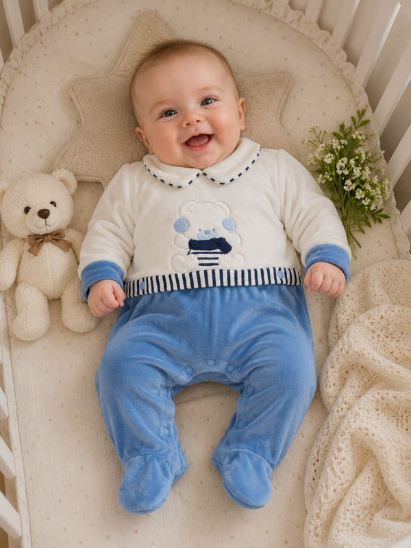 💙 Kuscheliger Baby-Strampler in Weiß & Hellblau mit Bärenmotiv