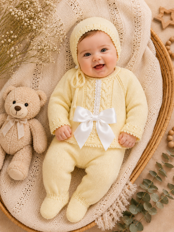 Zartes Baby-Strickset in sanftem Gelbton