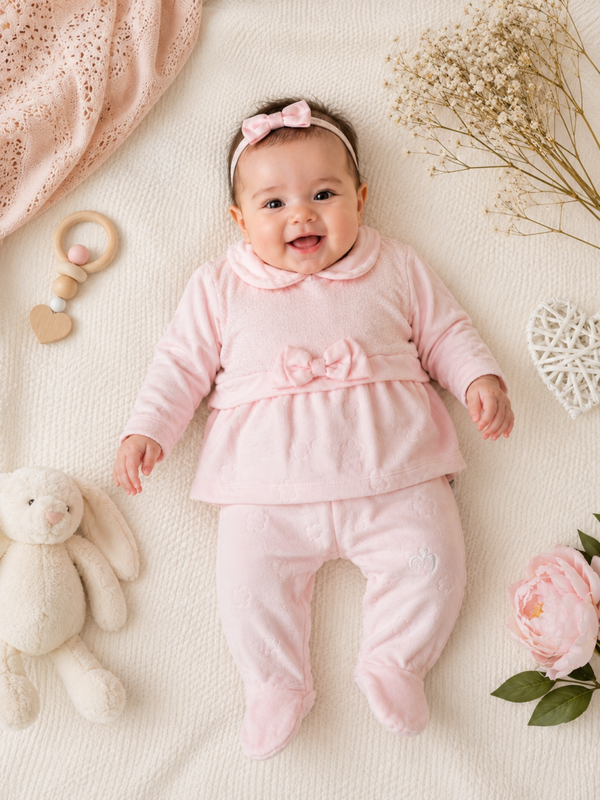 ✨ Baby Mädchen 2-teiliges Chenille-Set Rosa mit Satin-Schleife