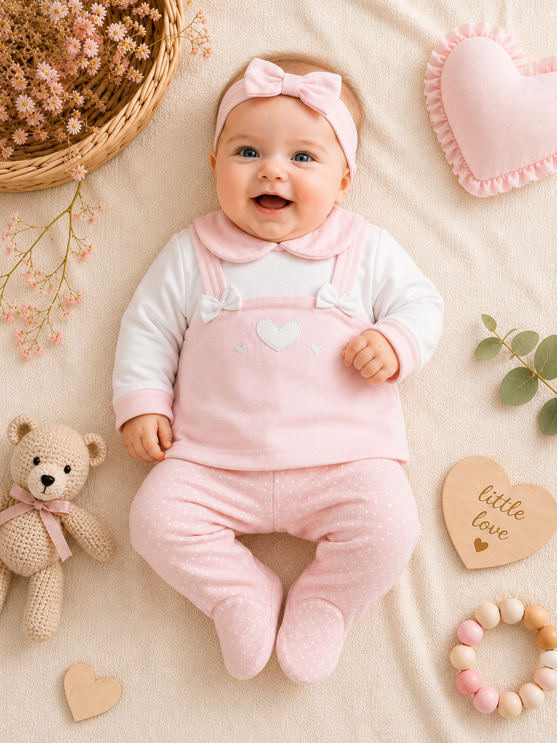 Baby-Set in Rosa mit Herz & Schleifen