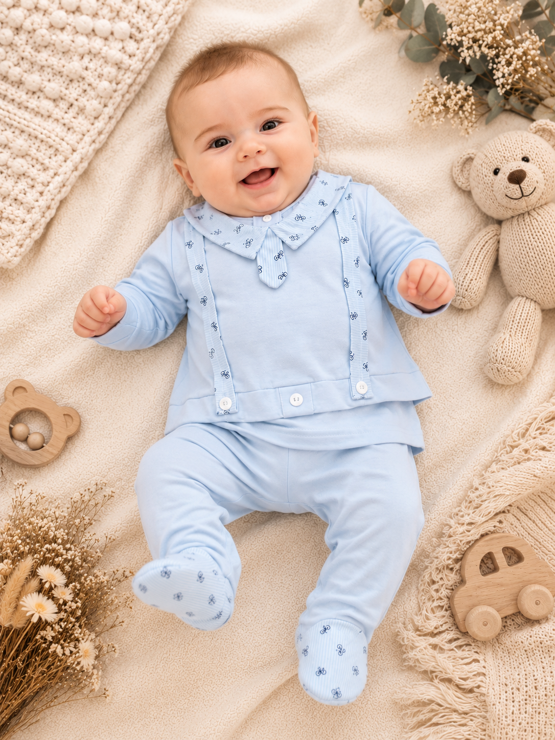 Baby 2-teiliges Outfit Hellblau mit Kragen & Hosenträger-Design