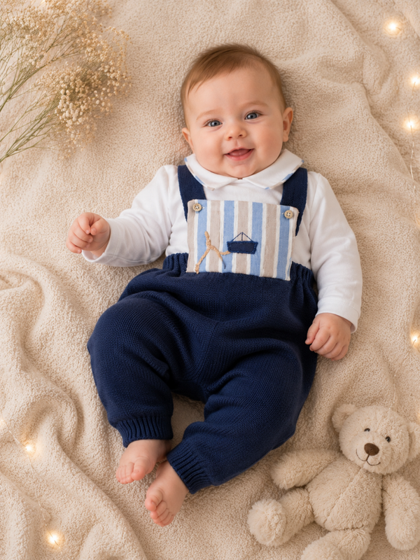 Baby Strick-Latzhosen Set  – Marineblau mit Segelboot-Motiv