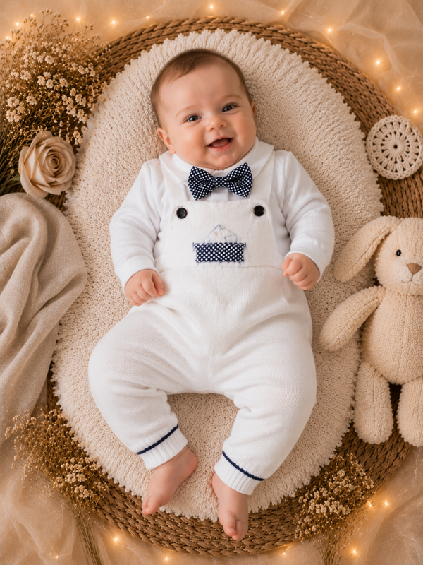 Baby Jungen Strick-Set „Little Gentleman“ – Weißer Overall mit Fliege