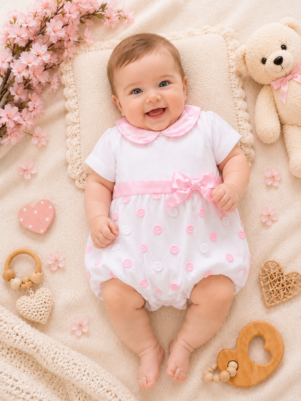 Süßer Baby Strampler Rosa mit Schleife – Eleganter Mädchen Einteiler mit Tüll & Punkten