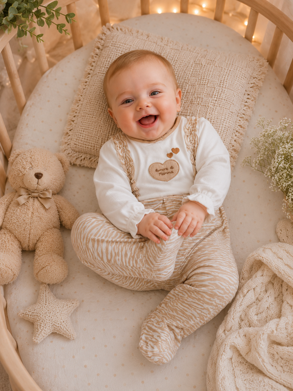 🤍 Eleganter Baby-Strampler in Creme-Beige mit Herzmotiv "Amore di Mama"