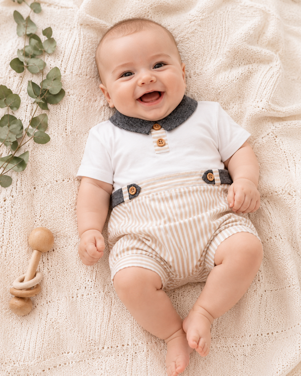 Eleganter Babystrampler in Blau-Weiß – Klassischer Einteiler mit Kragen & Streifenlook