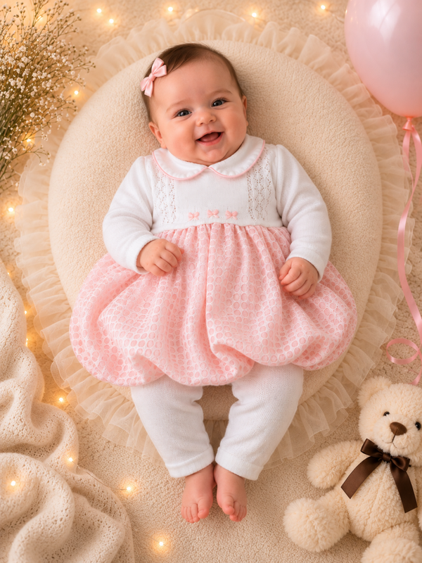 Baby Ballonkleid Set – Rosa Festkleid mit Strickleggings