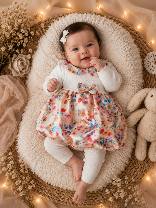 🌸 Baby Mädchen Ballonkleid Set „Blumenzauber“ – Kleid mit Strickoberteil & Leggings