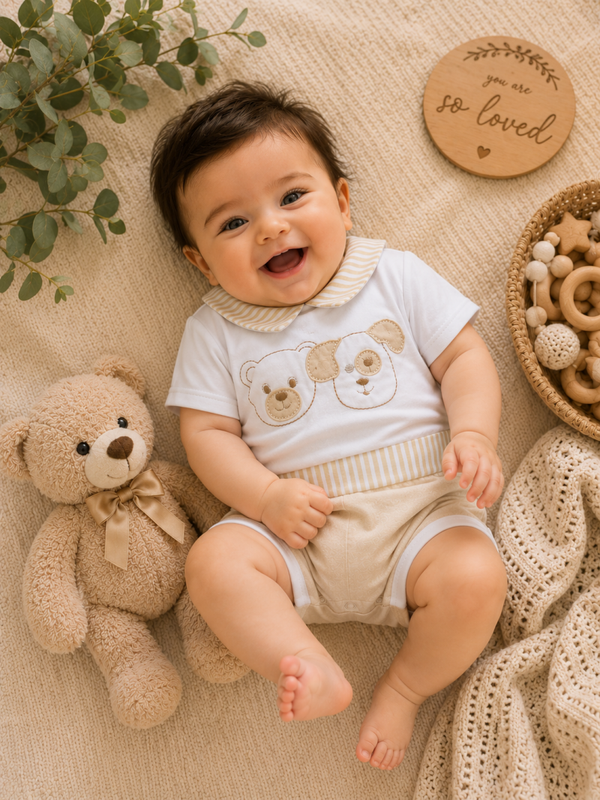 Baby Jungen Sommer-Strampler Beige & Weiß mit Bär- und Hundestickerei