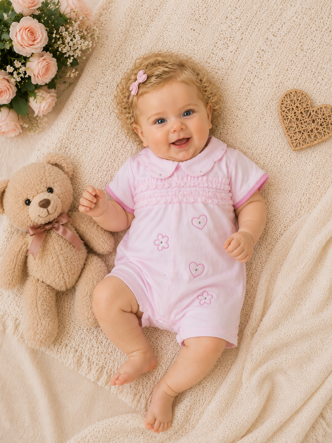 🌸 Baby Mädchen Sommer-Strampler Rosa mit Blumen- und Herzstickerei