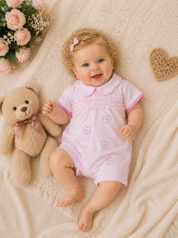 🌸 Baby Mädchen Sommer-Strampler Rosa mit Blumen- und Herzstickerei