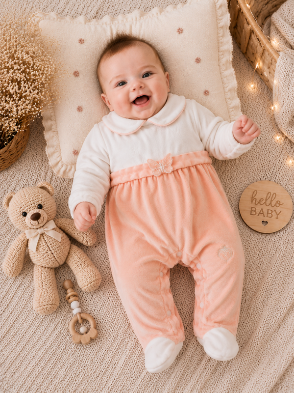 Baby-Strampler in Lachsrosa mit Schmetterlingsdetail