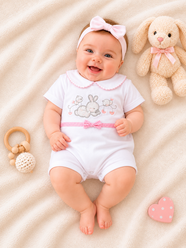 Süßer Baby Strampler Weiß-Rosa mit Häschen – Eleganter Mädchen Einteiler mit Schleife