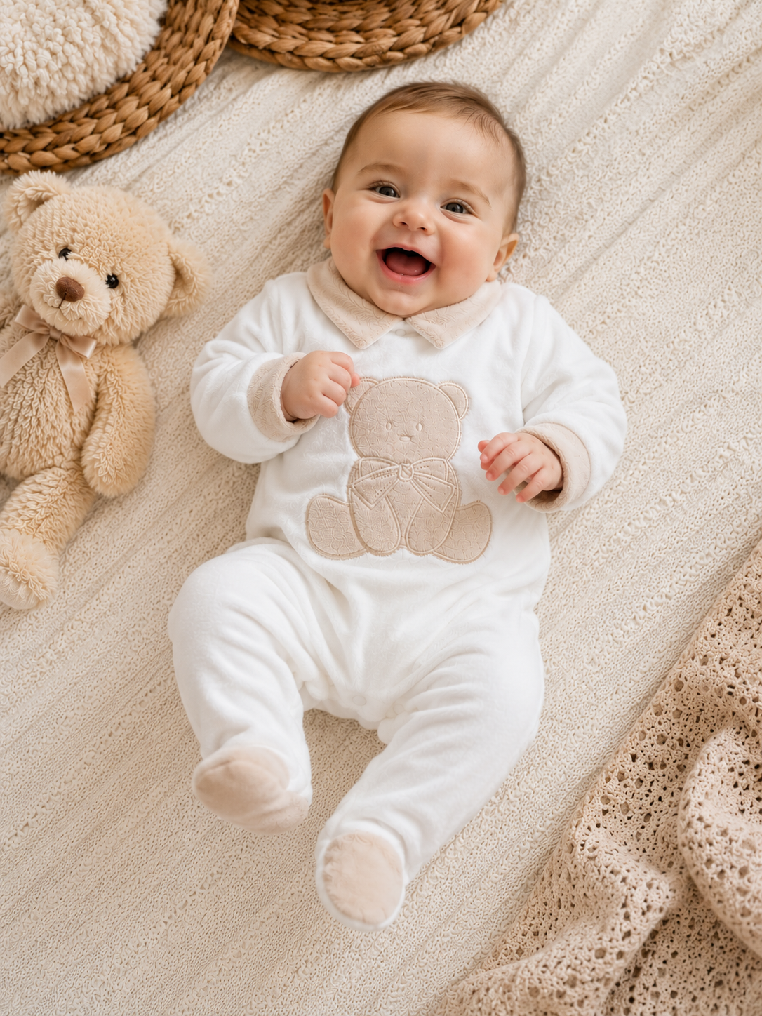 🤍 Baby-Strampler „Teddy“ in Weiß-Beige – Kuscheliger Chenille-Strampler mit Bärenmotiv