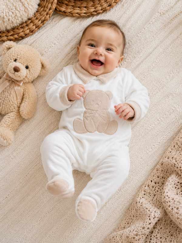 🤍 Baby-Strampler „Teddy“ in Weiß-Beige – Kuscheliger Chenille-Strampler mit Bärenmotiv