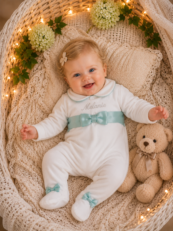 Baby Strampler Weiß mit Mintgrüner Schleife – Festlicher Strampler mit Füßchen „Melanie