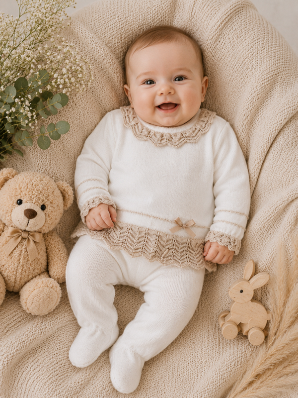 Elegantes Baby-Strickset in Cremeweiß