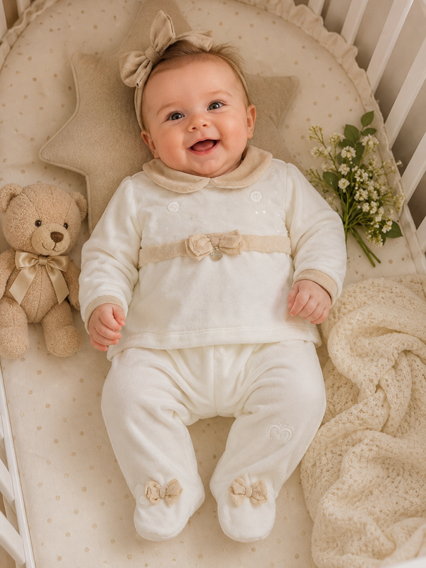 🌸 Eleganter Chenille Baby-Zweiteiler in Creme-Beige mit Schleifendetails