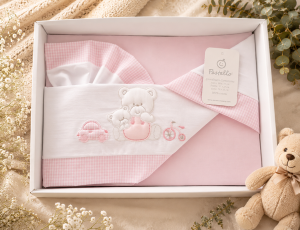 Pastello Kinderwagen-Bettwäsche Set „Teddy & Friends“ Rosa – 100 % Baumwolle