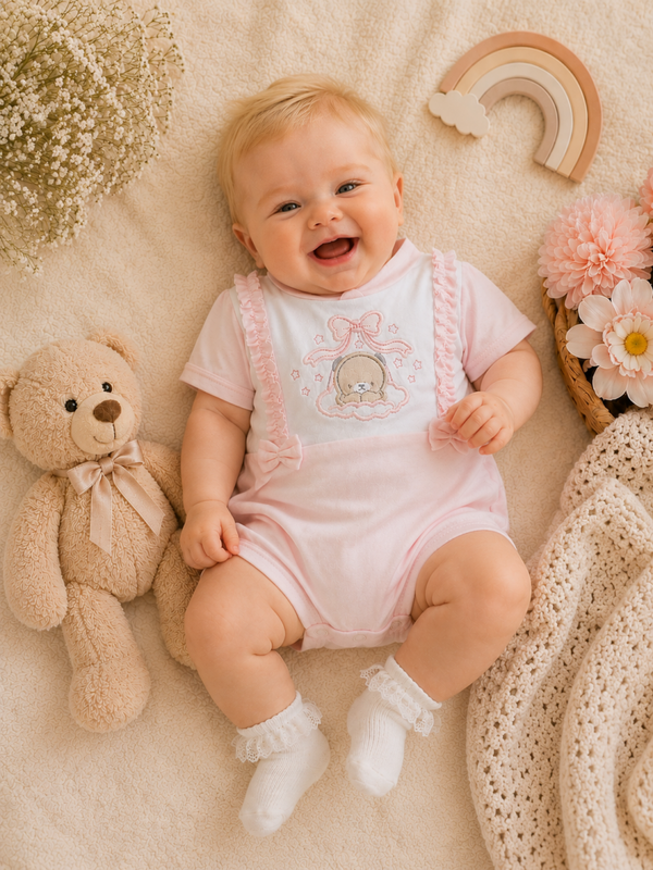 Baby Sommer-Strampler Rosa mit Teddy-Stickerei