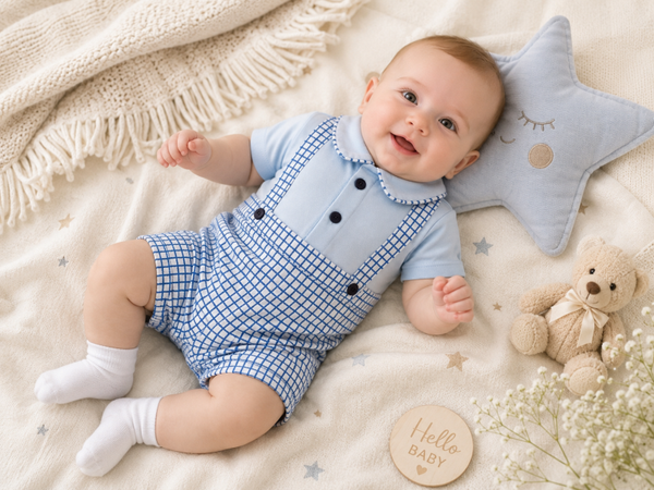Baby Jungen Sommer-Strampler Blau kariert mit Polokragen