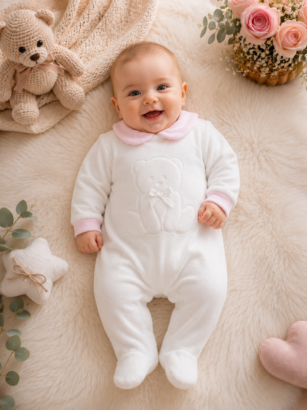 🩷 Baby Mädchen Strampler mit Teddybär in Chenille