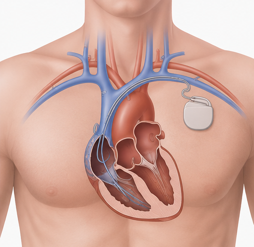 Schéma d’un stimulateur cardiaque avec ses sondes intracardiaques