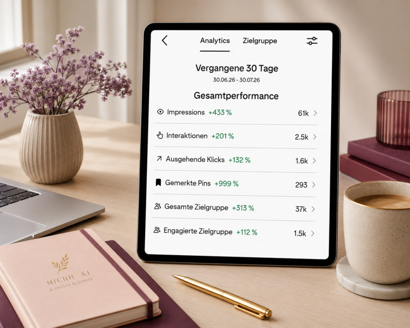 Pinterest Analytics der vergangenen 30 Tage mit 61.000 Impressionen und 1.600 ausgehenden Klicks