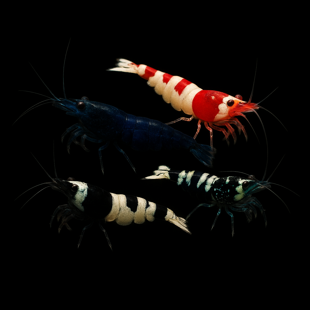 Caridina shrimp collection – Galaxy Fishbone, Crystal Red, Crystal Black, and Blue Bolt – premium freshwater shrimp photographed on black background for H&K Aquatics.