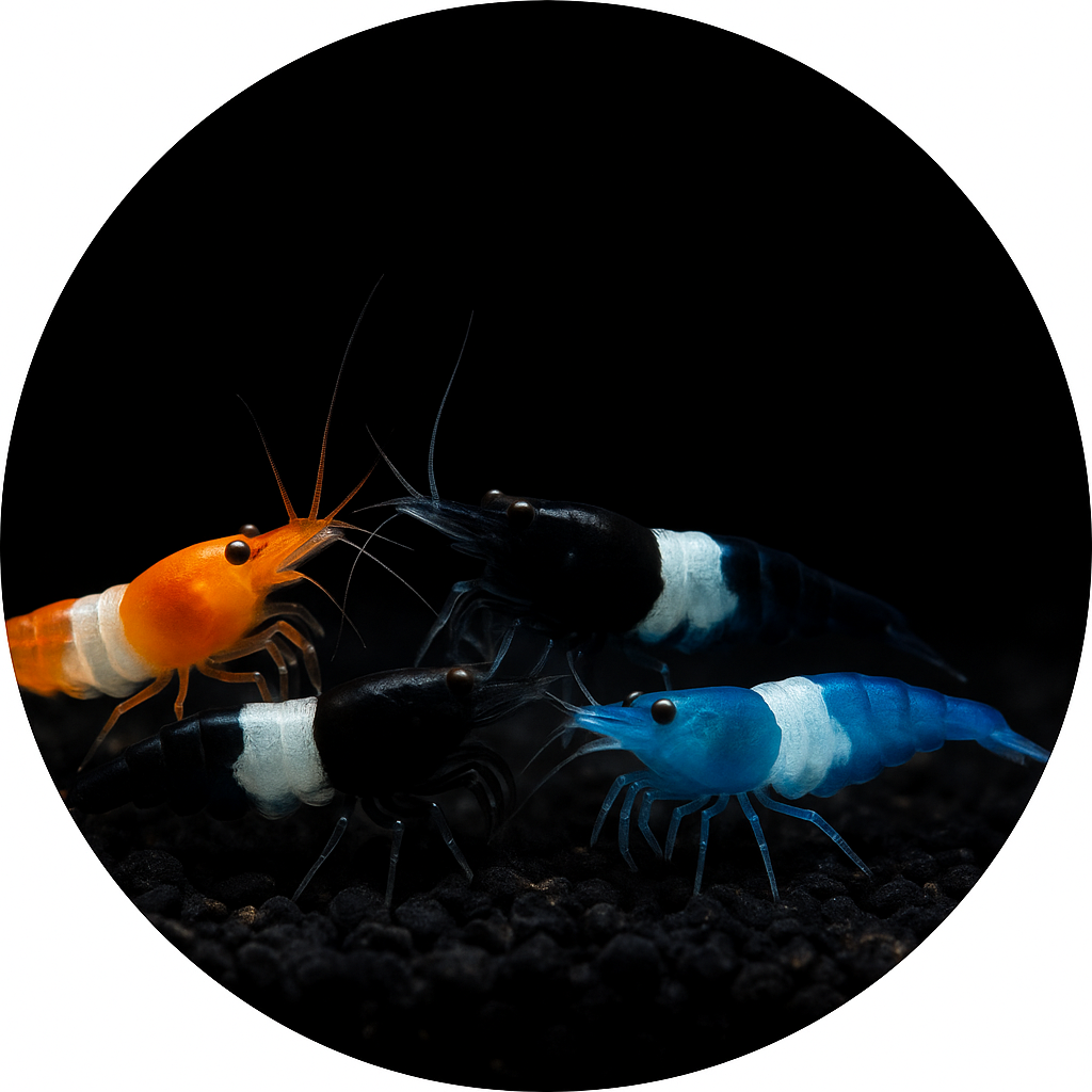 Shrimp Starter Pack from H&K Aquatics – UK-bred Neocaridina shrimp mix in red, yellow, blue, and orange with Limnophila sessiliflora and food sample.