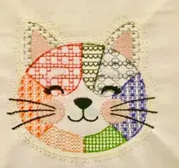 Faux Applique Patchwork Cat Head Machine Embroidery File