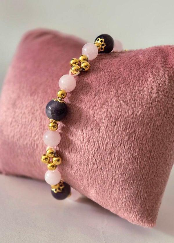 Bracelet avec pierres de quartz rose et amethyste