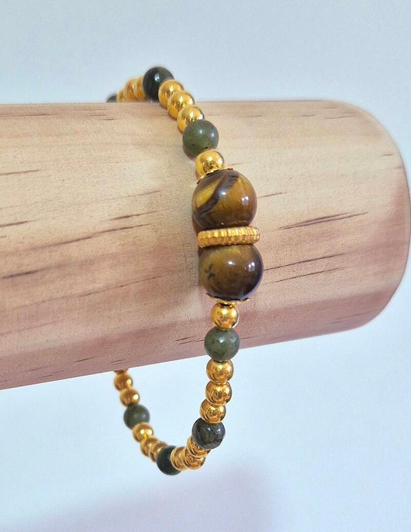 Bracelet avec pierres en jade vert et oeil de tigre