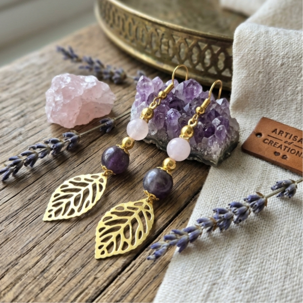 Boucles d'oreilles en quartz rose et amethyste