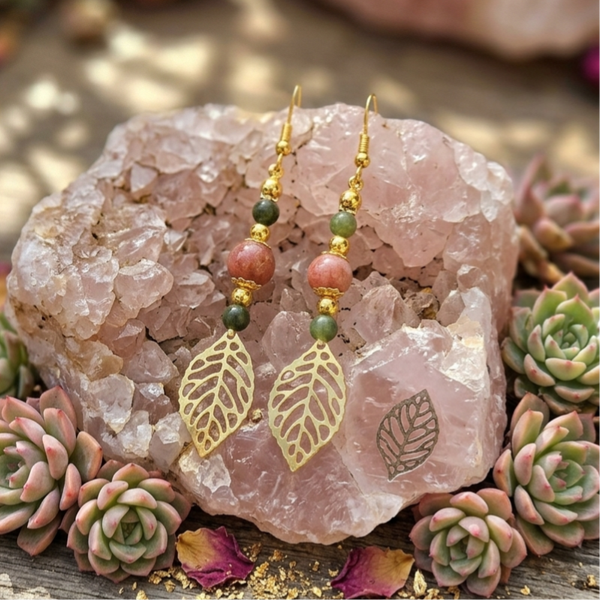 Boucles d'oreilles en morganite et jade vert