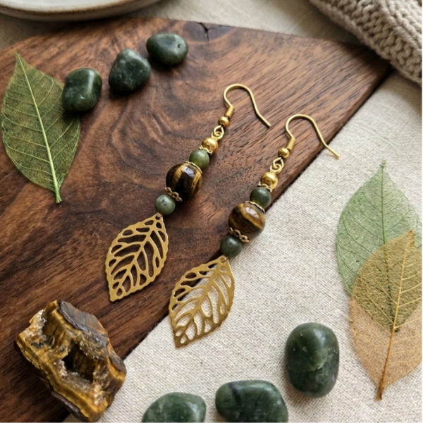 Boucles d'oreilles oeil de tigre et jade vert