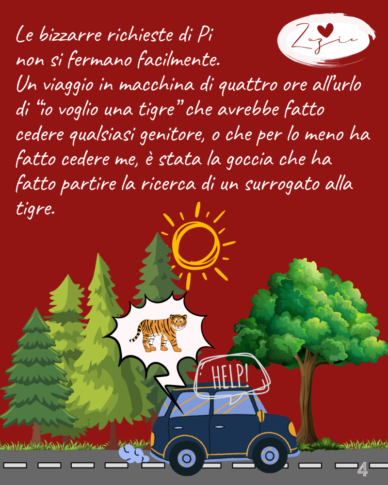 Un viaggio in macchina di quattro ore all’urlo di “io voglio una tigre” che avrebbe fatto cedere qualsiasi genitore, o che per lo meno ha fatto cedere me, è stata la goccia che ha fatto partire la ricerca di un surrogato alla tigre.