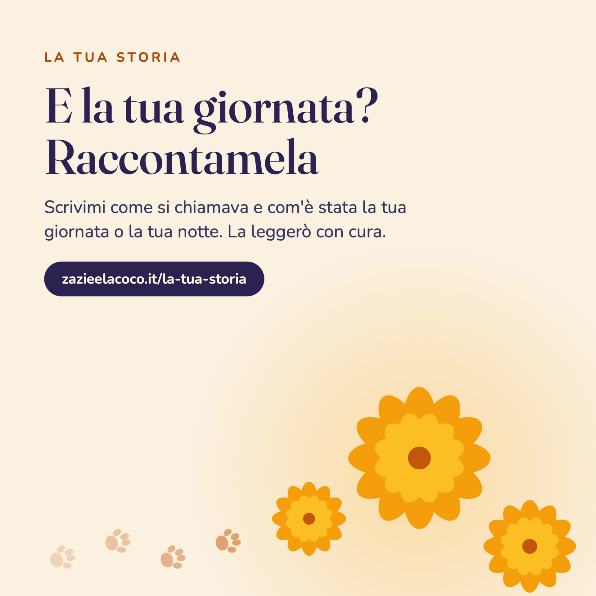 Un testo che invita a scrivere la tua storia con link al blog con le orme di una zampa che camminano verso la luce e fiori arancioni di cempasúchil.