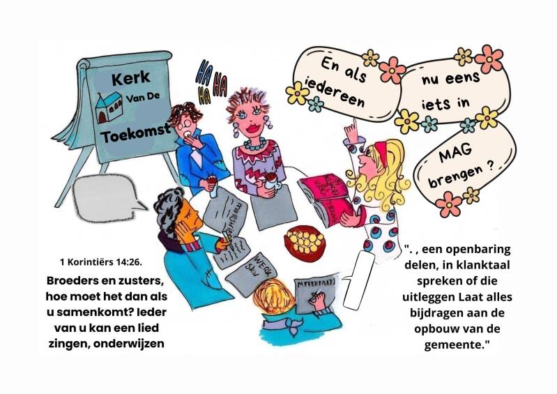 cartoon over een kerk vergadering met mensen 