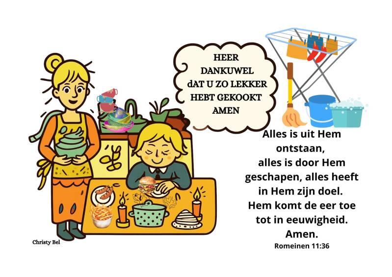 cartoon moeder heeft gekookt kind bidt voor het eten 