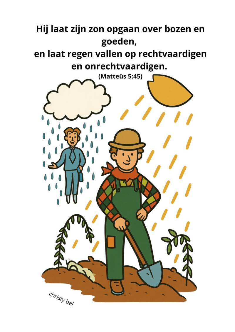 cartoon boer heeft regen en zon 