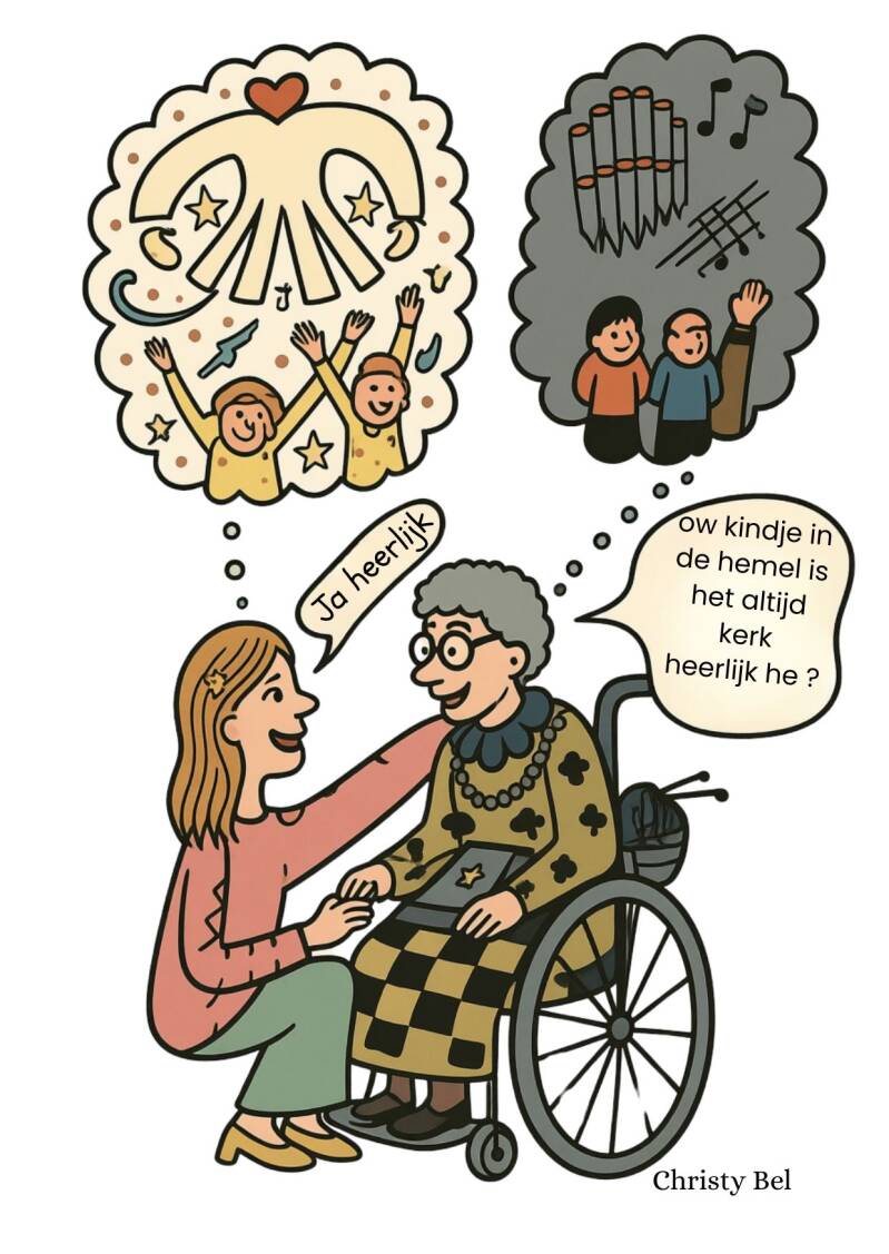 cartoon oma in de rolstoel bijbelse bemoediging 