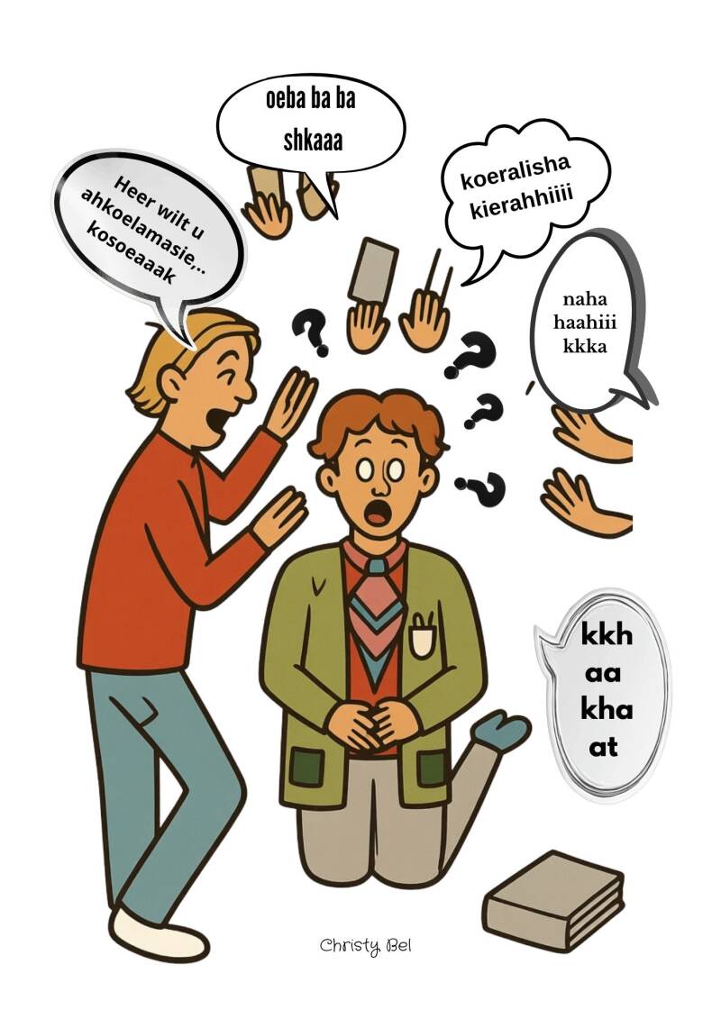 cartoon verarring en tongentaal in de kerk 