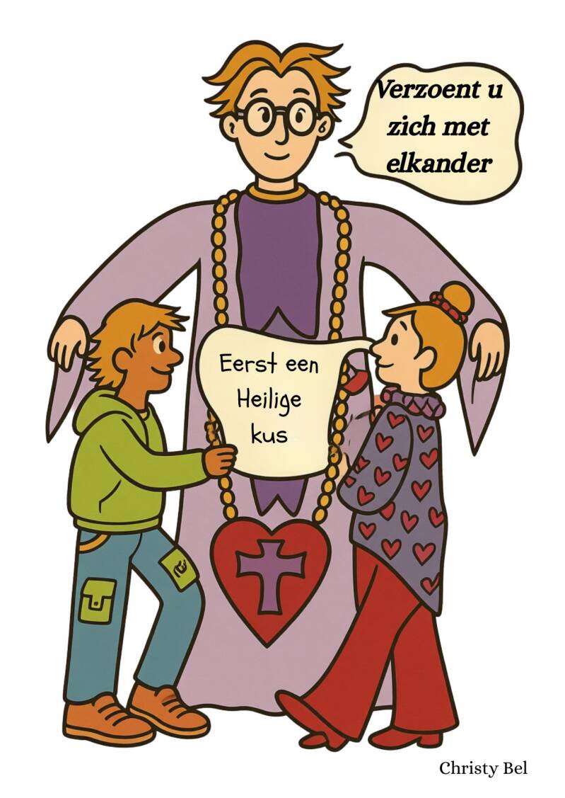 cartoon over vrede sluiten met een kus 