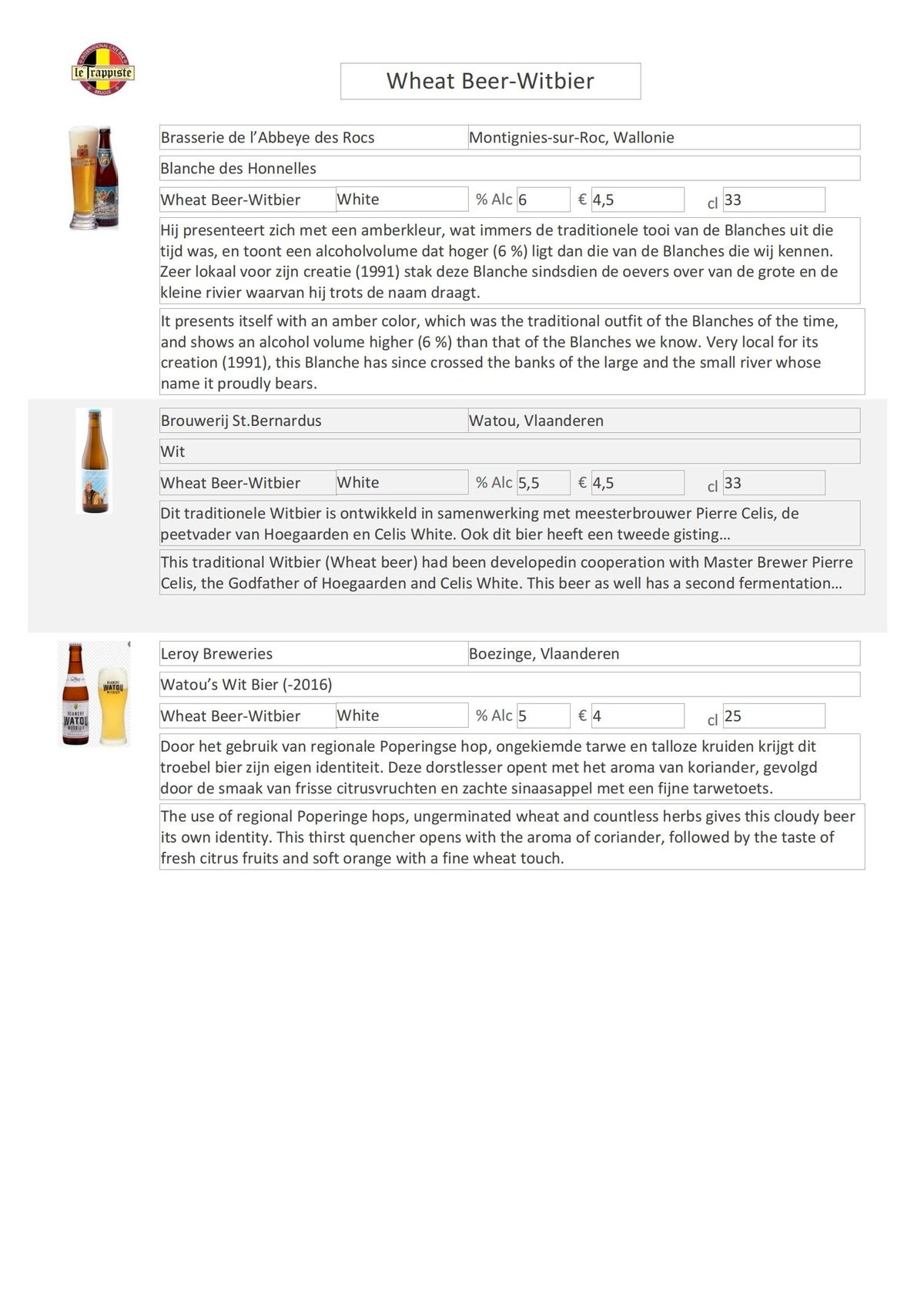Bottled Beer List Le Trappiste Brugge