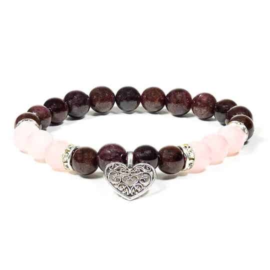 Armband Granaat/Rozenkwarts met hartje